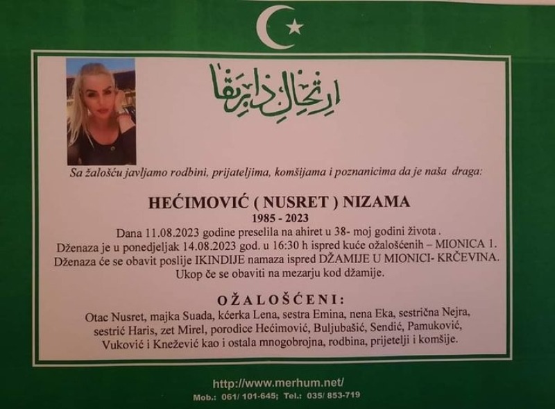 Dženaza ubijenoj Nizami Hećimović bit će klanjana u ponedjeljak, Vlada TK proglasila Dan žalosti