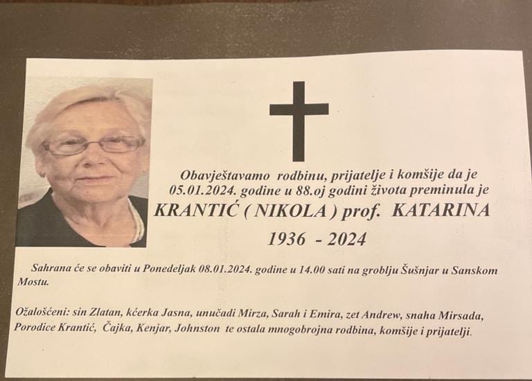 TUŽNA VIJEST Napustila nas je profesorica Katica Krantić